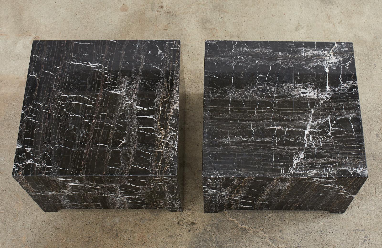 Pair of Black Marble Square Block Coffee Cocktail Tables For Sale 4