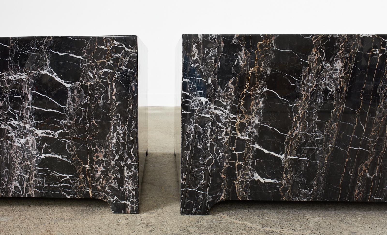 Pair of Black Marble Square Block Coffee Cocktail Tables For Sale 5