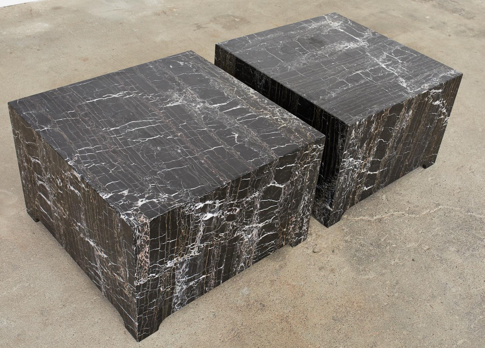 Modern Pair of Black Marble Square Block Coffee Cocktail Tables For Sale