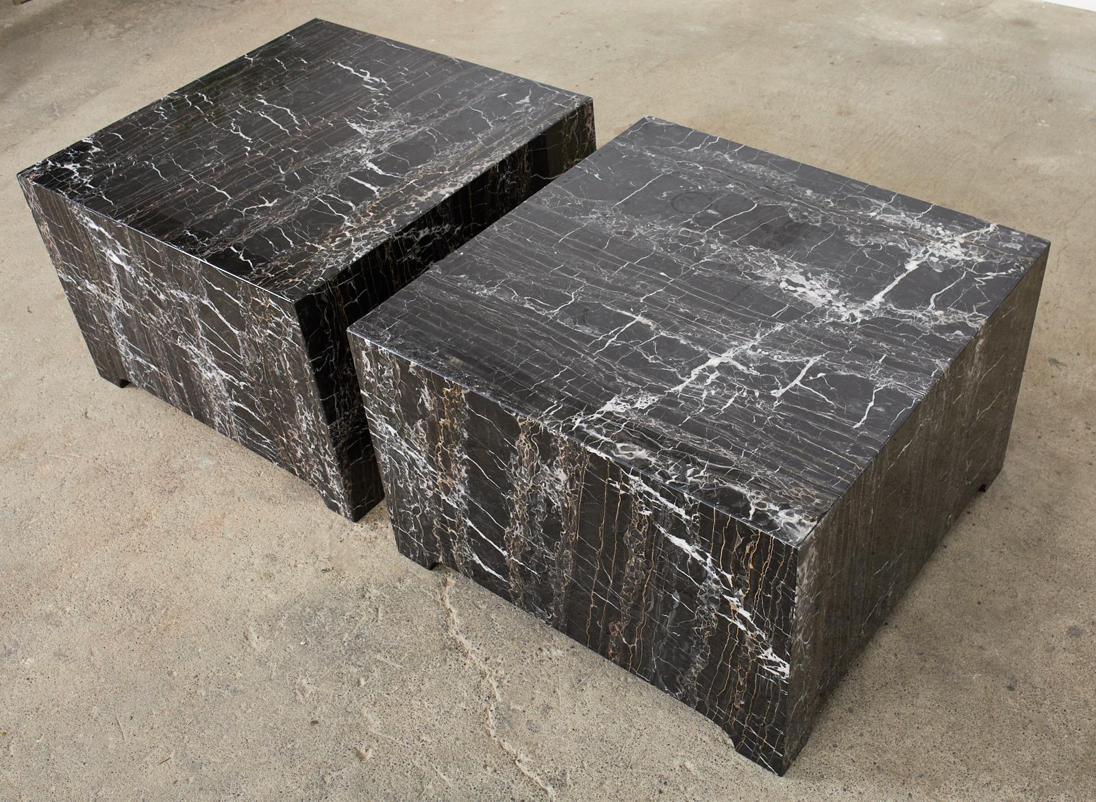 American Pair of Black Marble Square Block Coffee Cocktail Tables For Sale