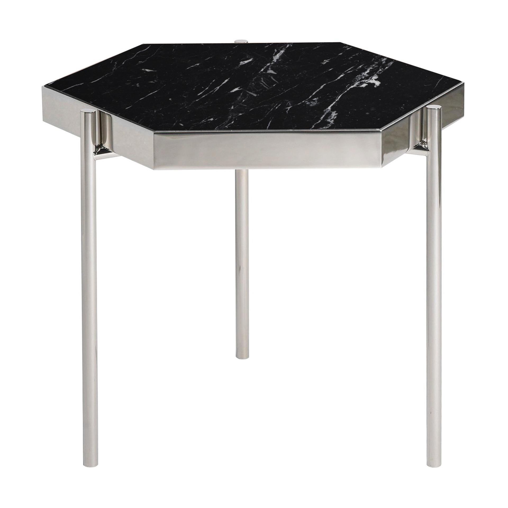 Portuguese PAIR of  Black Marble Staineless Steel Side Hexagonal Tables For Sale