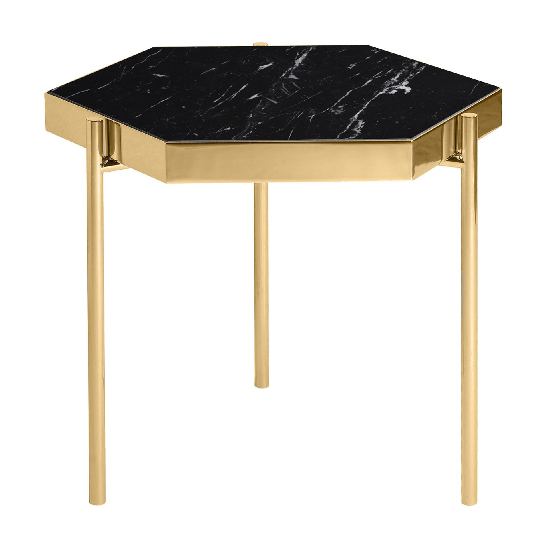 PAIR of  Black Marble Staineless Steel Side Hexagonal Tables For Sale 1