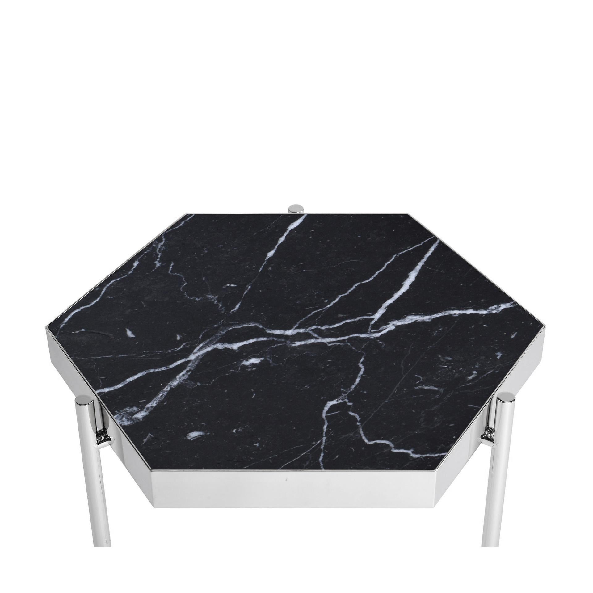 PAIR of  Black Marble Staineless Steel Side Hexagonal Tables For Sale 2