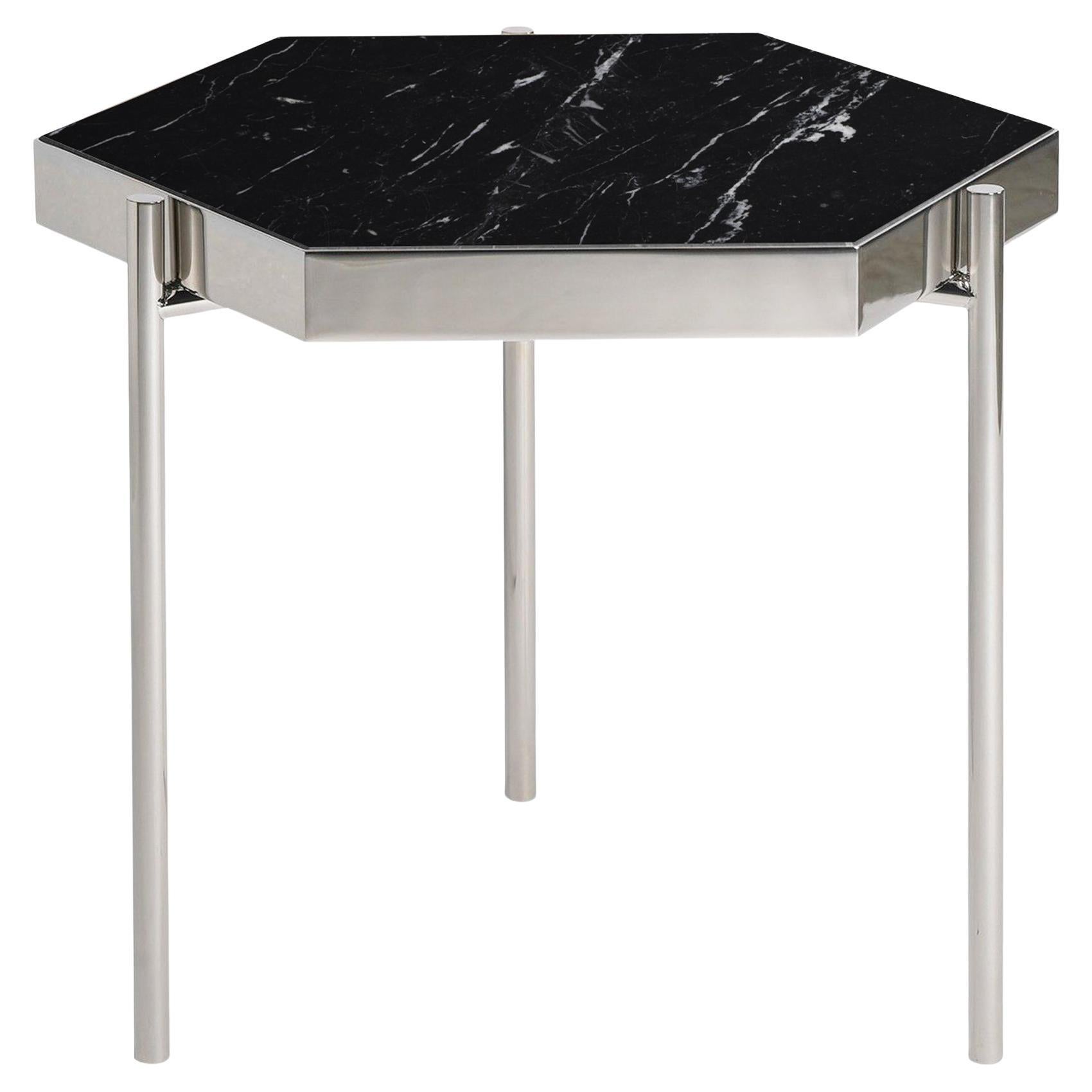 PAIR of  Black Marble Staineless Steel Side Hexagonal Tables For Sale