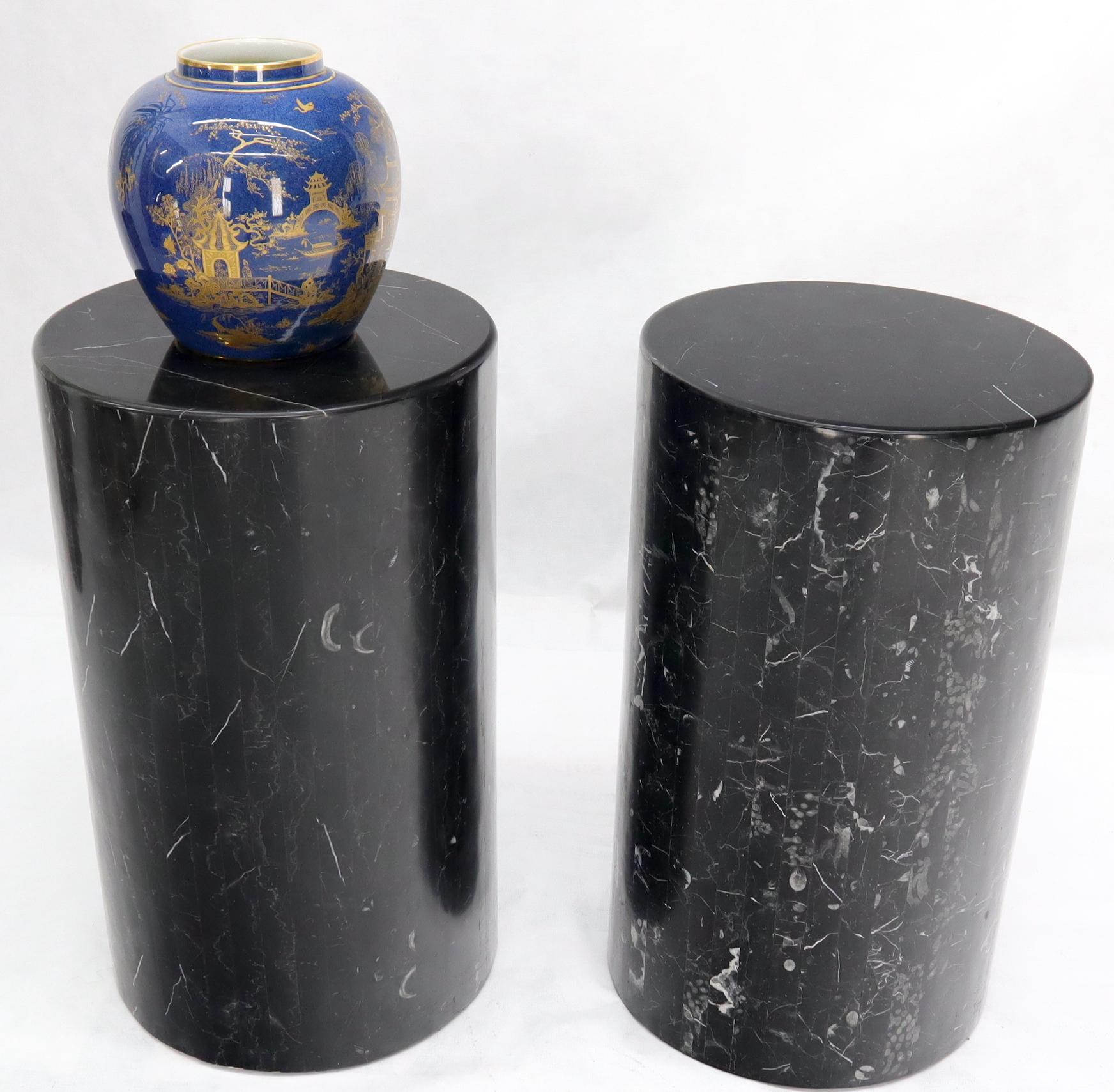 Mid-Century Modern Pair of Black Marble Stone Veneer Sheeted Tiled Round Cylinder Pedestals For Sale