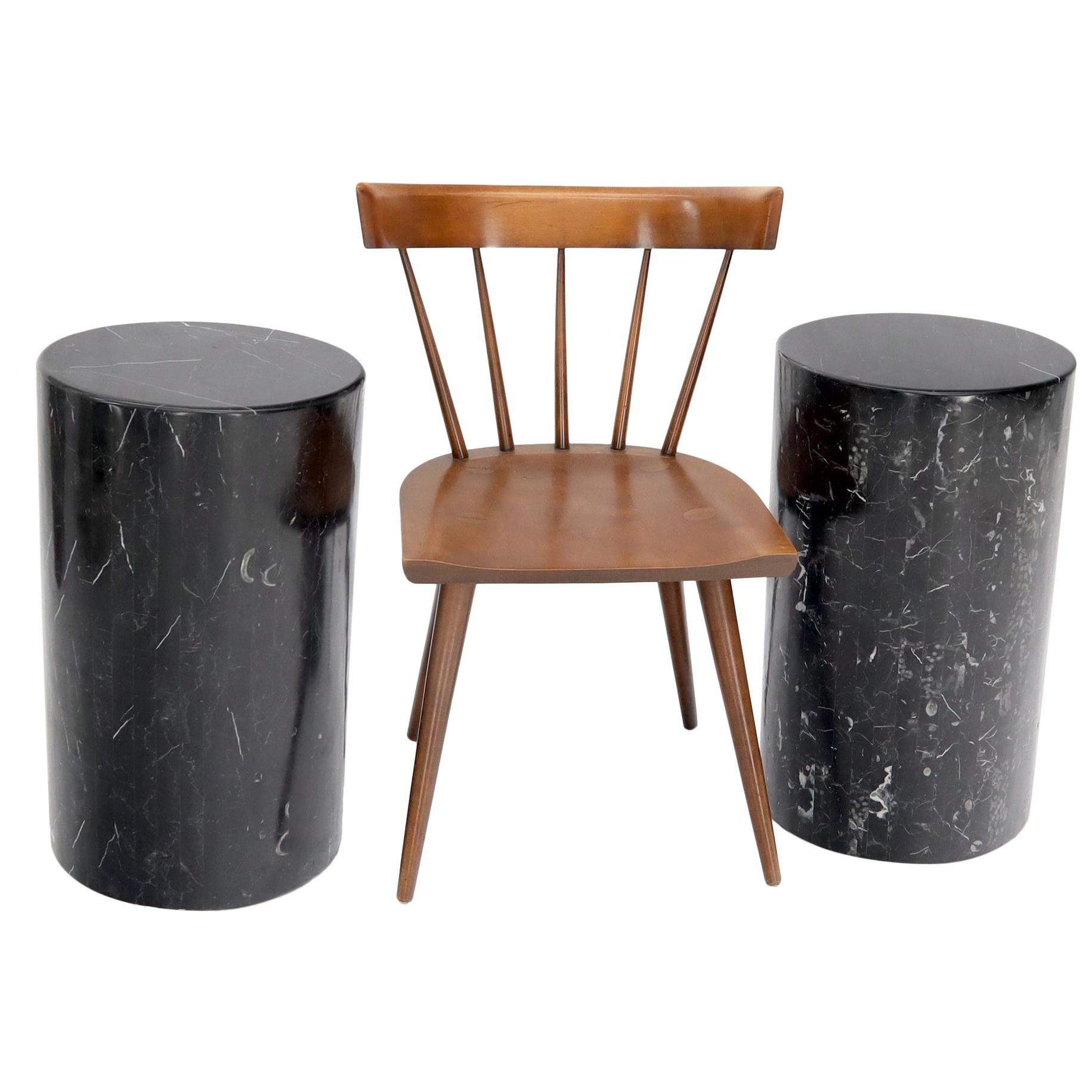 Pair of Black Marble Stone Veneer Sheeted Tiled Round Cylinder Pedestals For Sale
