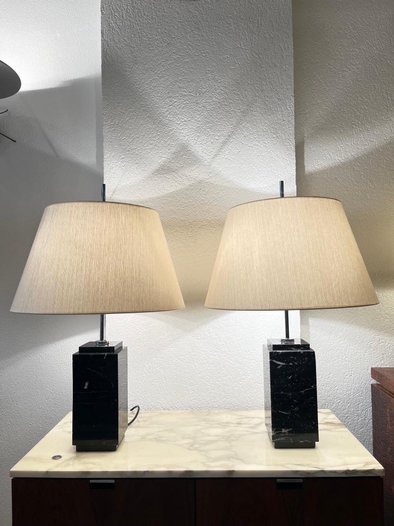 Pair of black marble table lamps by Florence Knoll producued by Knoll USA ca. 1960s
New shades, structured off white paper.
