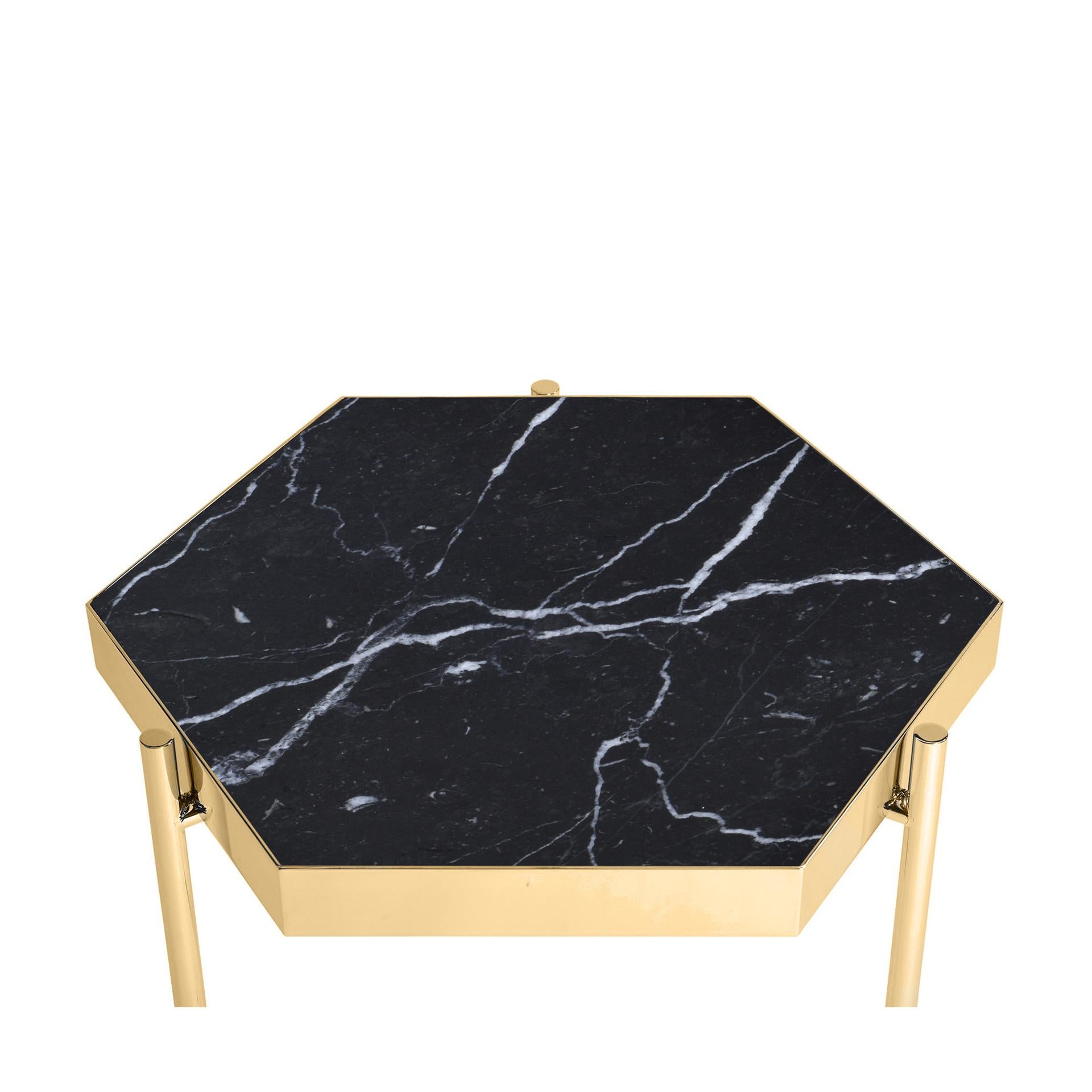 These simple, geometrically shaped table tops are inspired by the work of Wassily Kandinsky. It combines four different marble tops with two different structures. A full thin metal structure with titanium gold or stainless steel is available as well