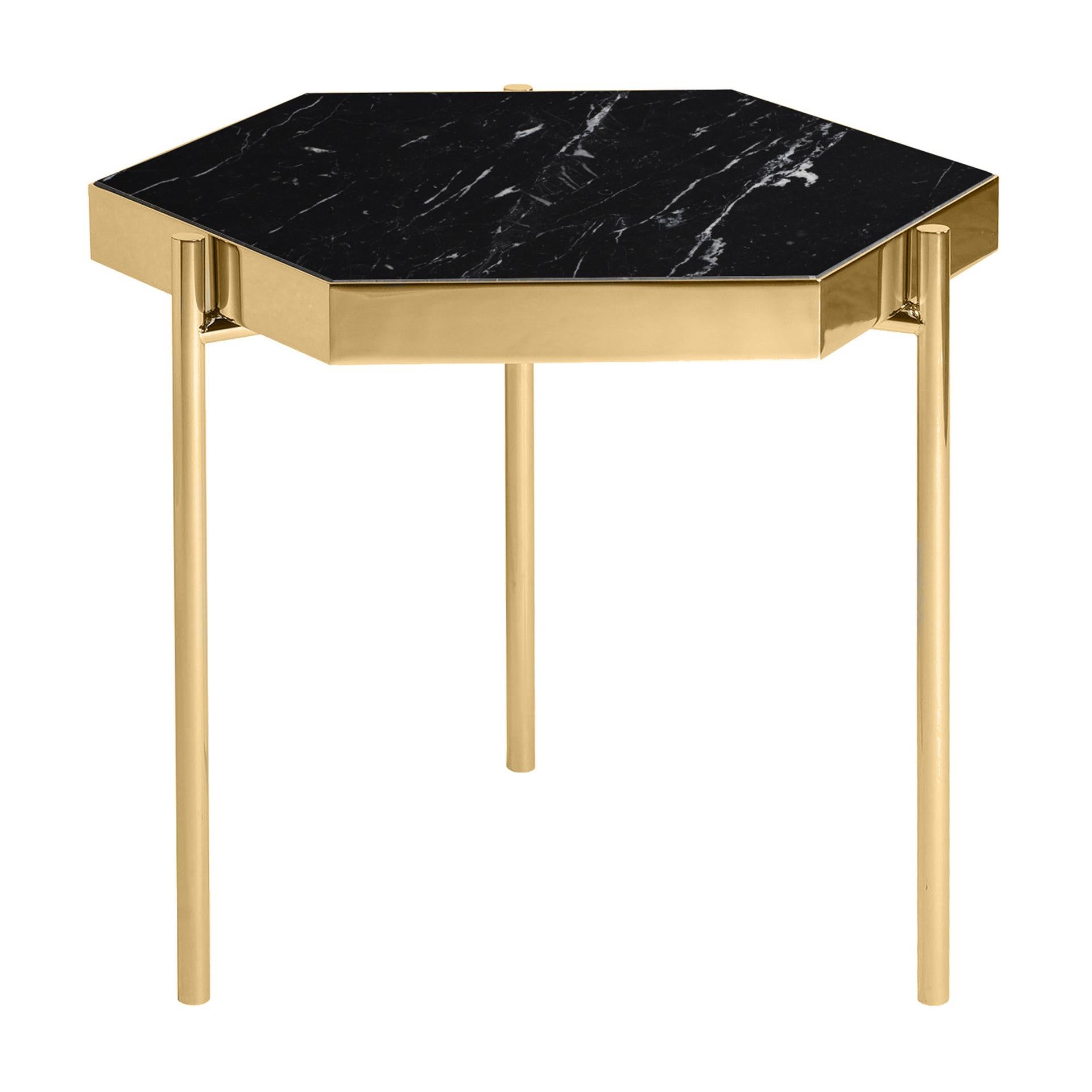 Gilt Pair of Black Marble Titanium Gold Side Tables For Sale