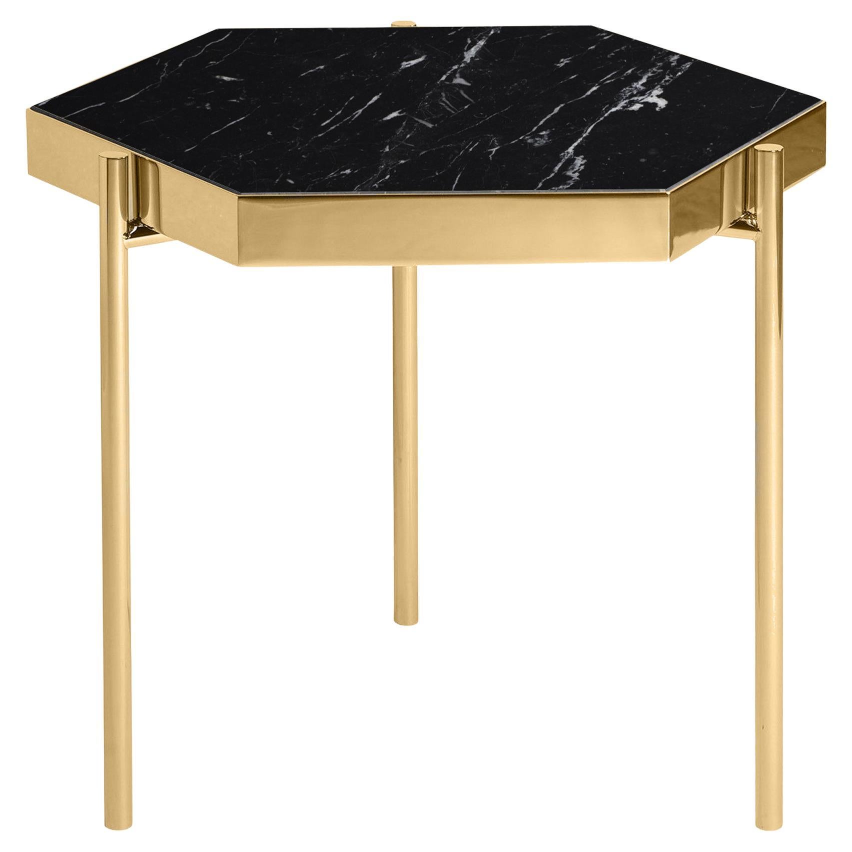 Pair of Black Marble Titanium Gold Side Tables For Sale