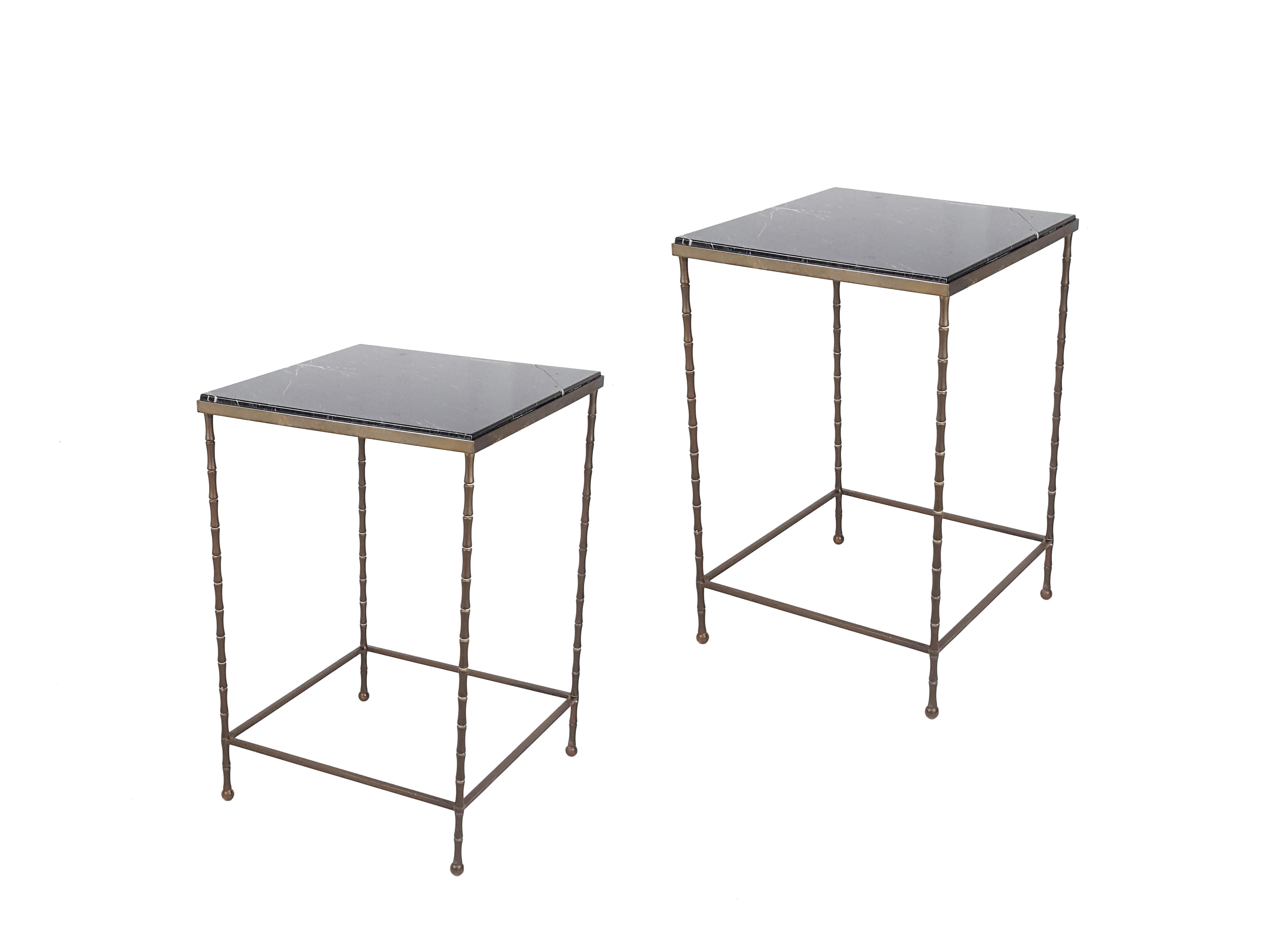 Mid-Century Modern Pair of Black Marble Top & Brass Structure 1950s Side Low Tables or Nightstands