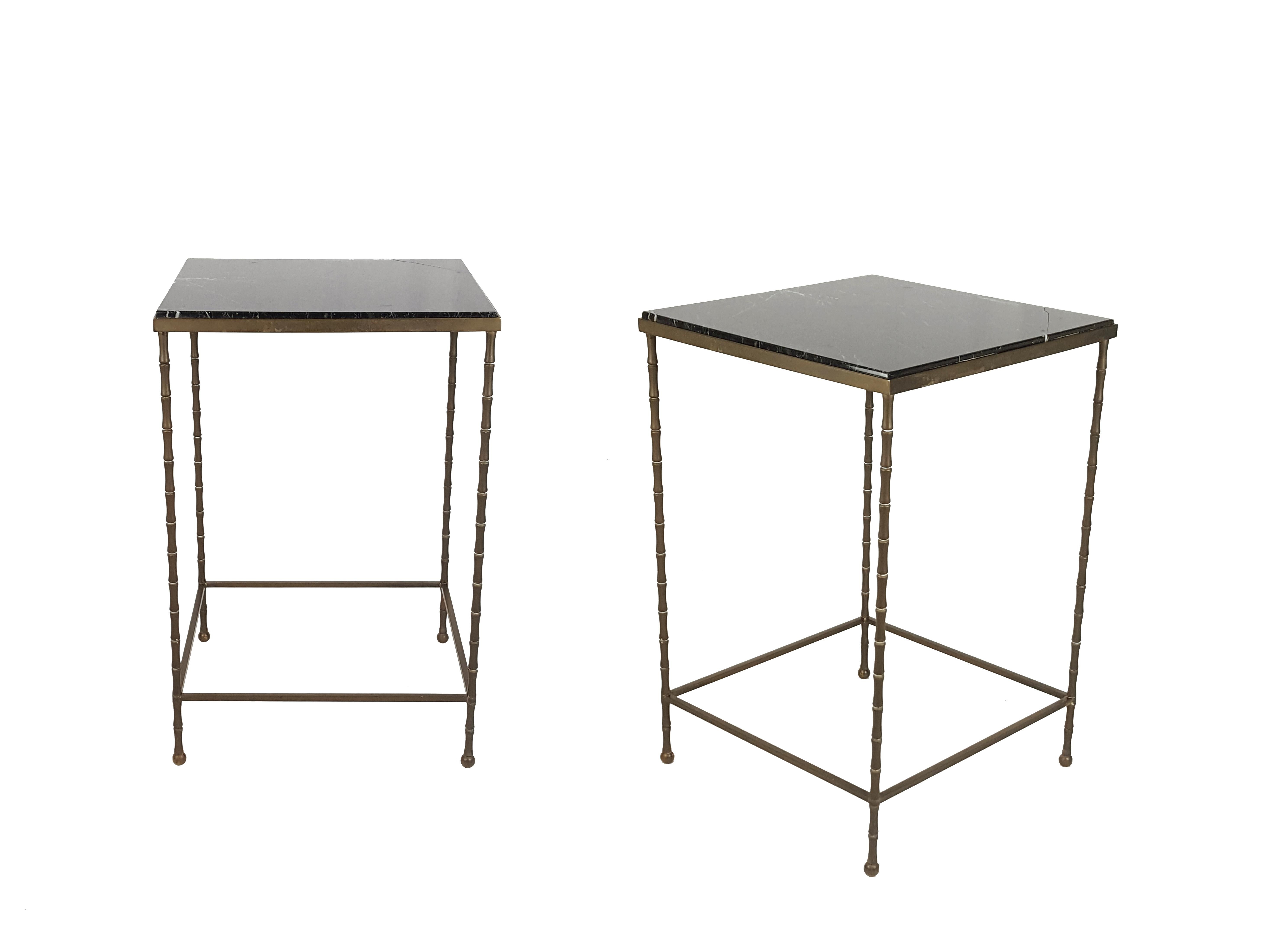 Pair of Black Marble Top & Brass Structure 1950s Side Low Tables or Nightstands In Good Condition In Varese, Lombardia