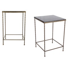 Pair of Black Marble Top & Brass Structure 1950s Side Low Tables or Nightstands