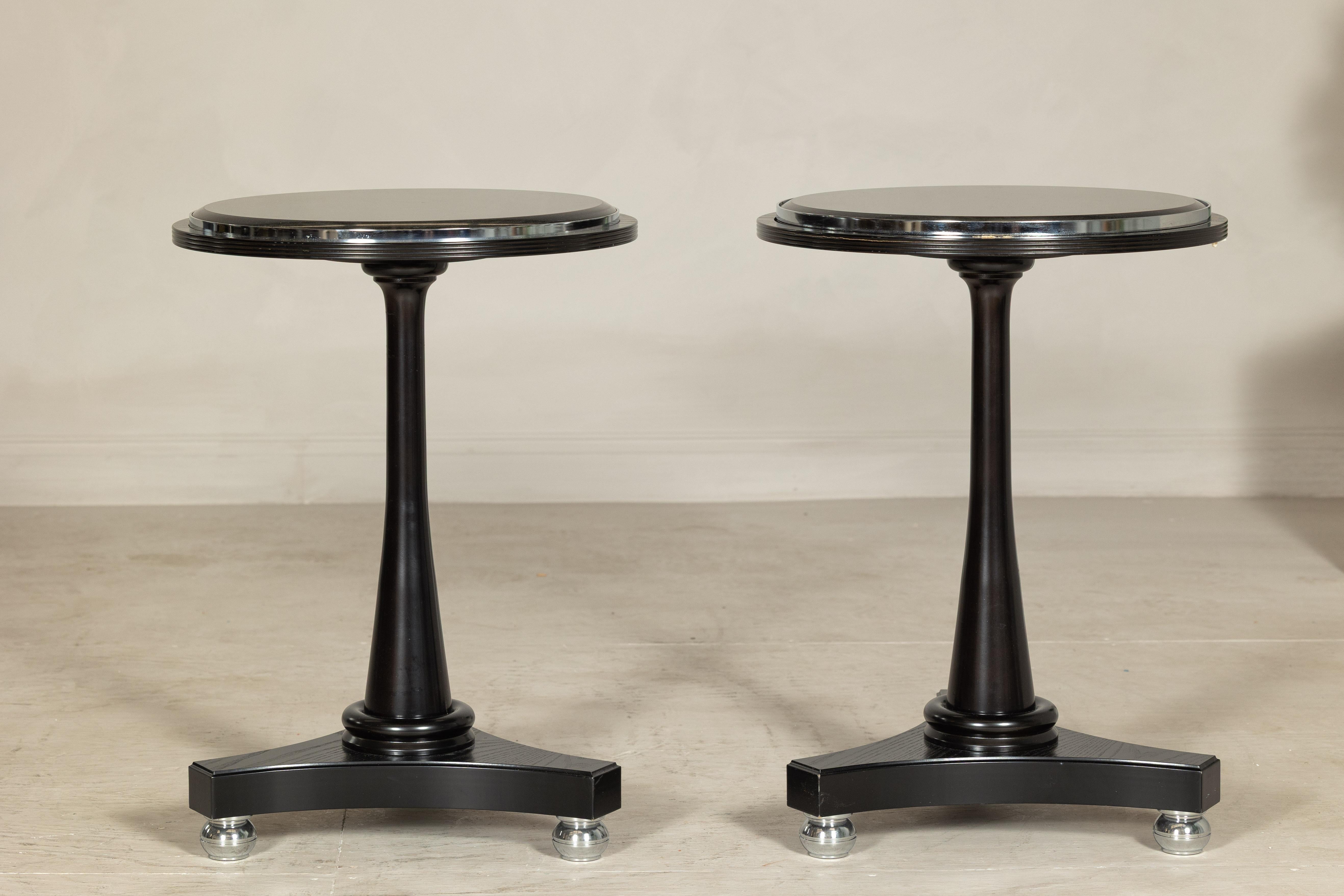 Paire de tables Gueridon à plateau en marbre noir et pieds Ball and Ball en métal Silver en vente 6