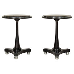 Pair of Black Marble Top Gueridon Tables with Silver Metal Ball Feet