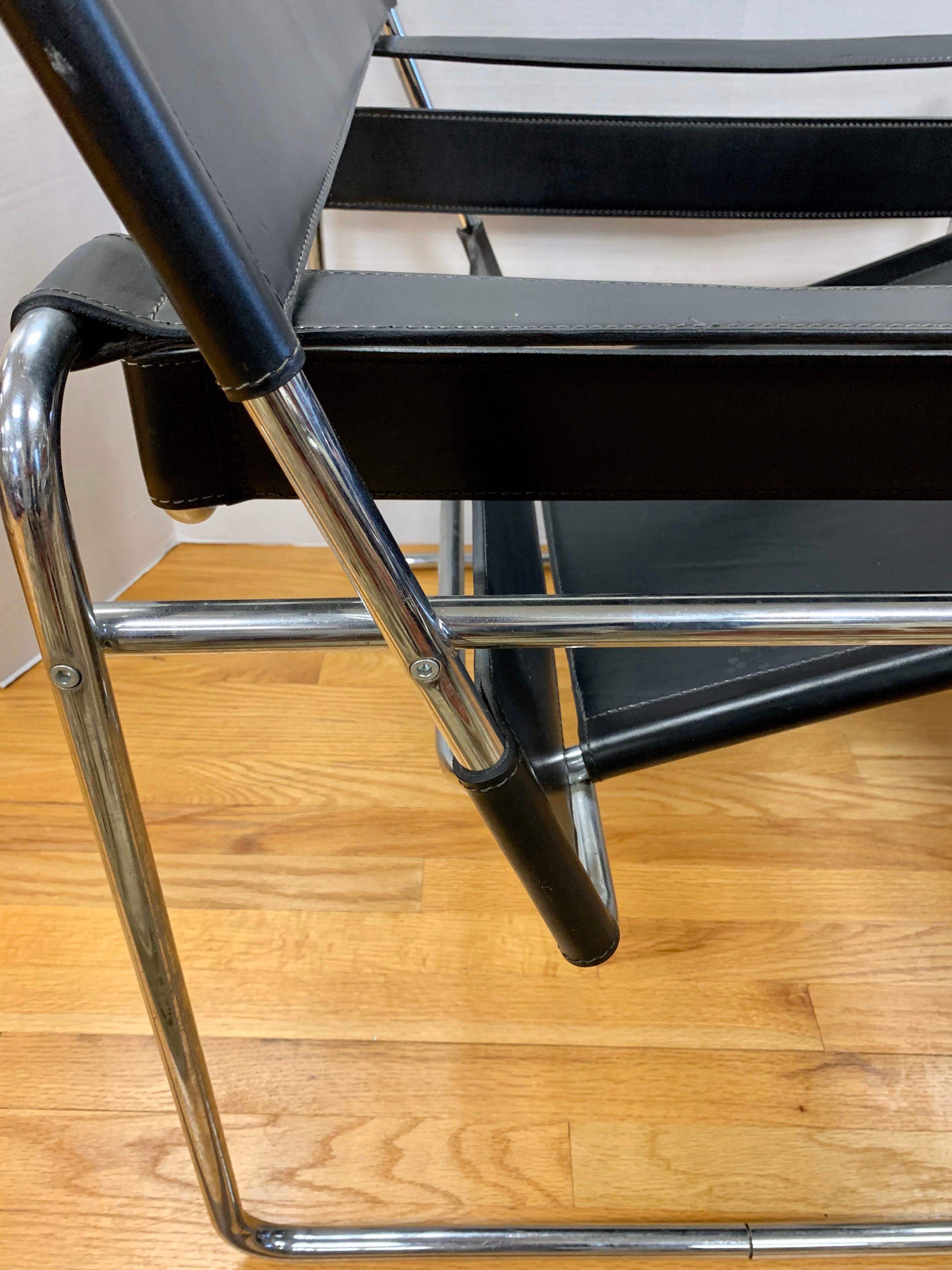 Steel Pair of Black Marcel Breuer Style Black Leather Wassily Chairs