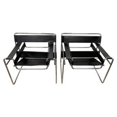 Pair of Black Marcel Breuer Style Black Leather Wassily Chairs