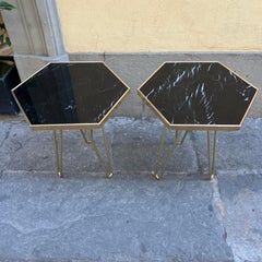 Pair of Black Marquina Marble Hexagonal Side Tables with Brass Structure 1980