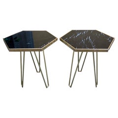 Pair of Black Marquina Marble Hexagonal Side Tables with Brass Structure 1980