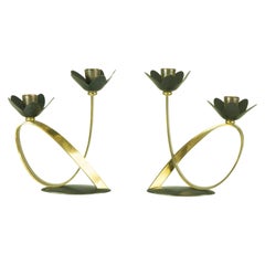 Pair of Black Metal and Brass 1960s Candlestick with Double Holders