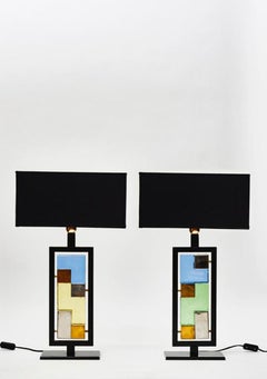Pair of Black Metal and Colored Glass Bricks Table Lamps