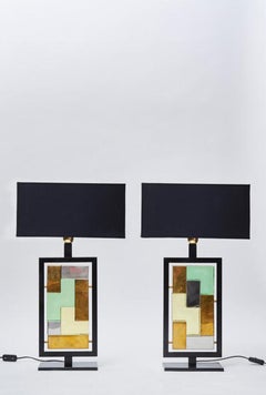 Pair of Black Metal and Colored Glass Bricks Table Lamps
