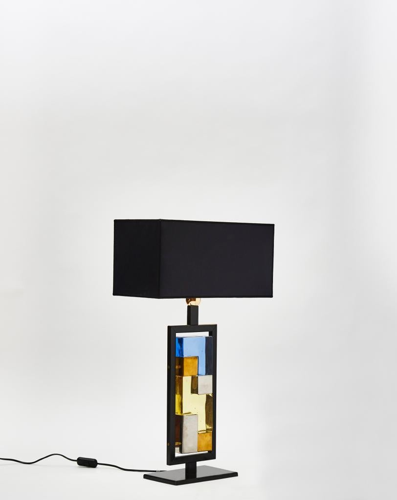 Mid-Century Modern Pair of Black Metal and Colored Glass Bricks Table Lamps