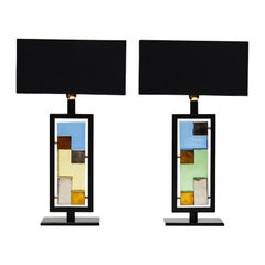 Pair of Black Metal and Colored Glass Bricks Table Lamps