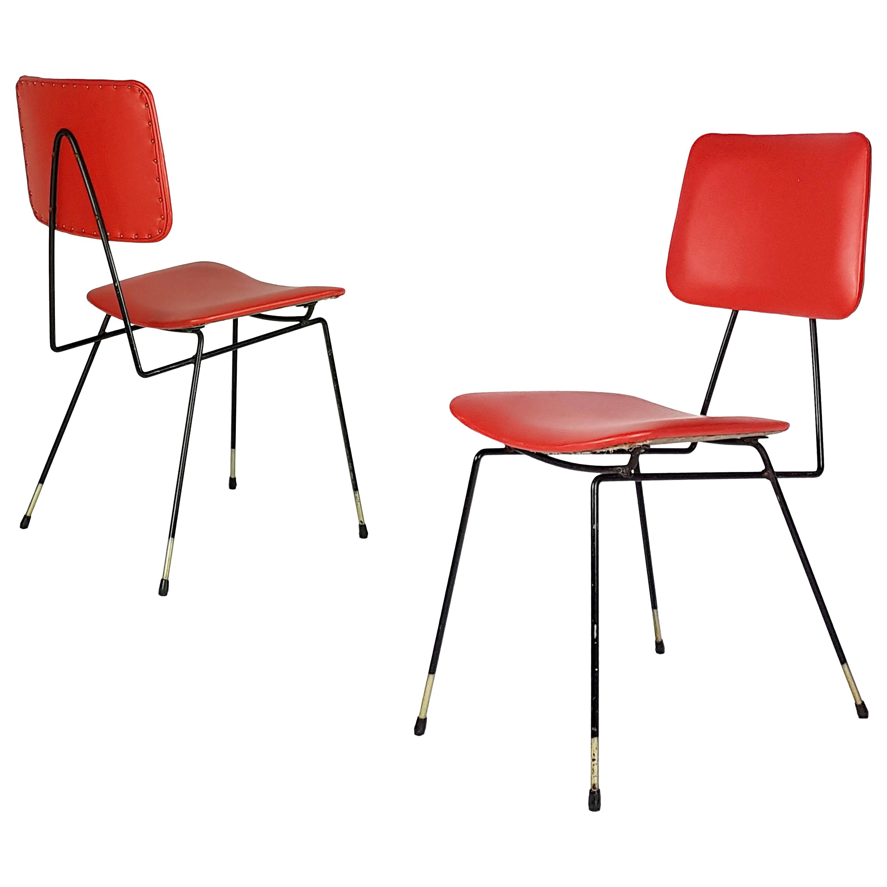 Pair of Black Metal and Red Skai Italian 1950s Chairs in the Style of G. Rinaldi For Sale