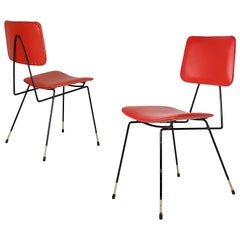 Pair of Black Metal and Red Skai Italian 1950s Chairs in the Style of G. Rinaldi