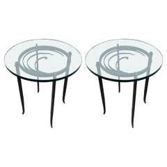 Pair of Black Metal Art Deco Side Tables with Glass Tops, 1940s