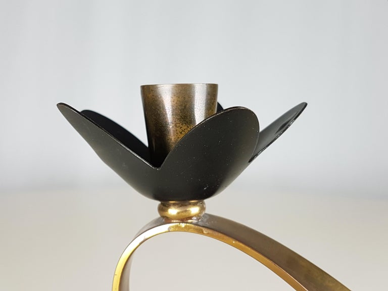 Pair of Black Metal and Brass 1960s Candlestick with Double Holders at