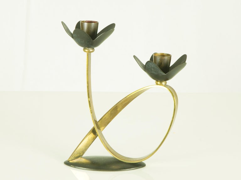 Pair of Black Metal and Brass 1960s Candlestick with Double Holders at