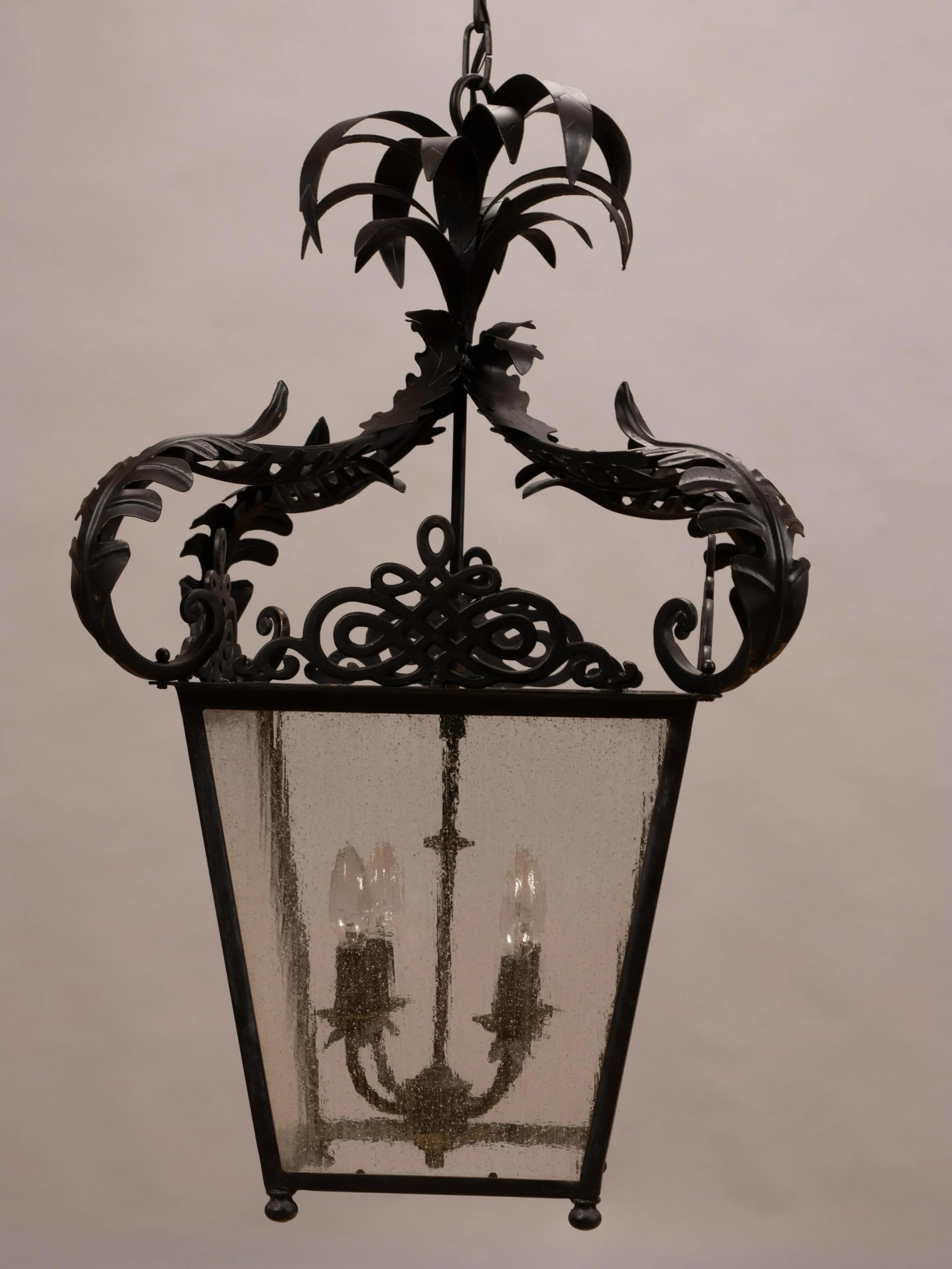 20th Century Pair of Black Metal Neoclassical Lanterns with Palm Frond Tops For Sale