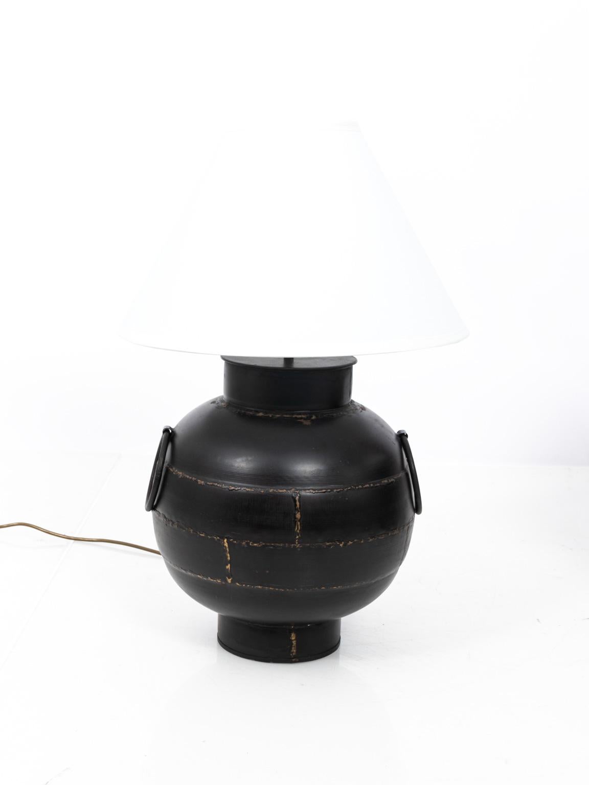 Pair of Black Metal Round Lamps with White Shades For Sale 5