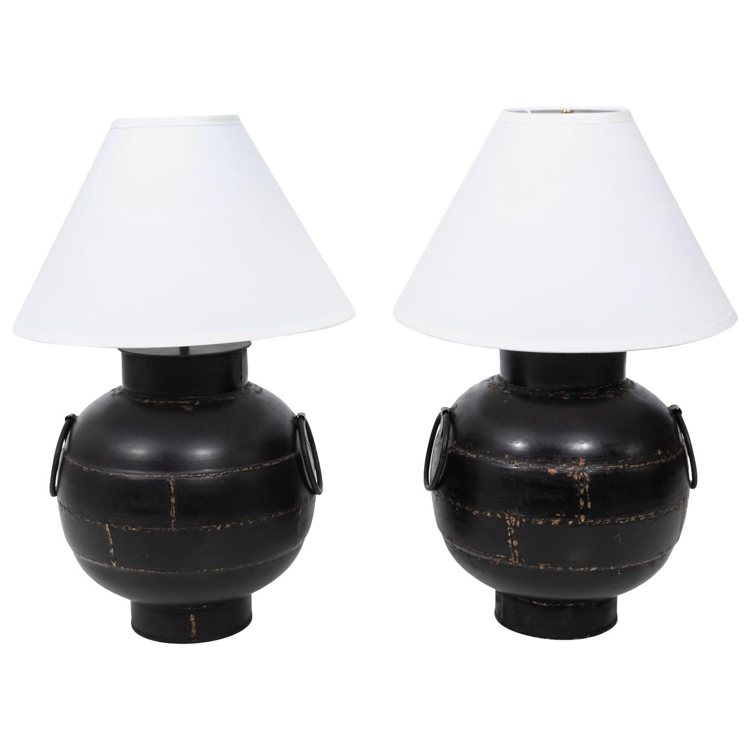 Pair of Black Metal Round Lamps with White Shades For Sale