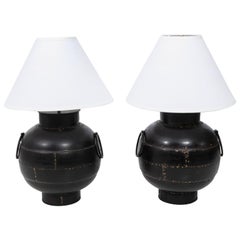 Pair of Black Metal Round Lamps with White Shades
