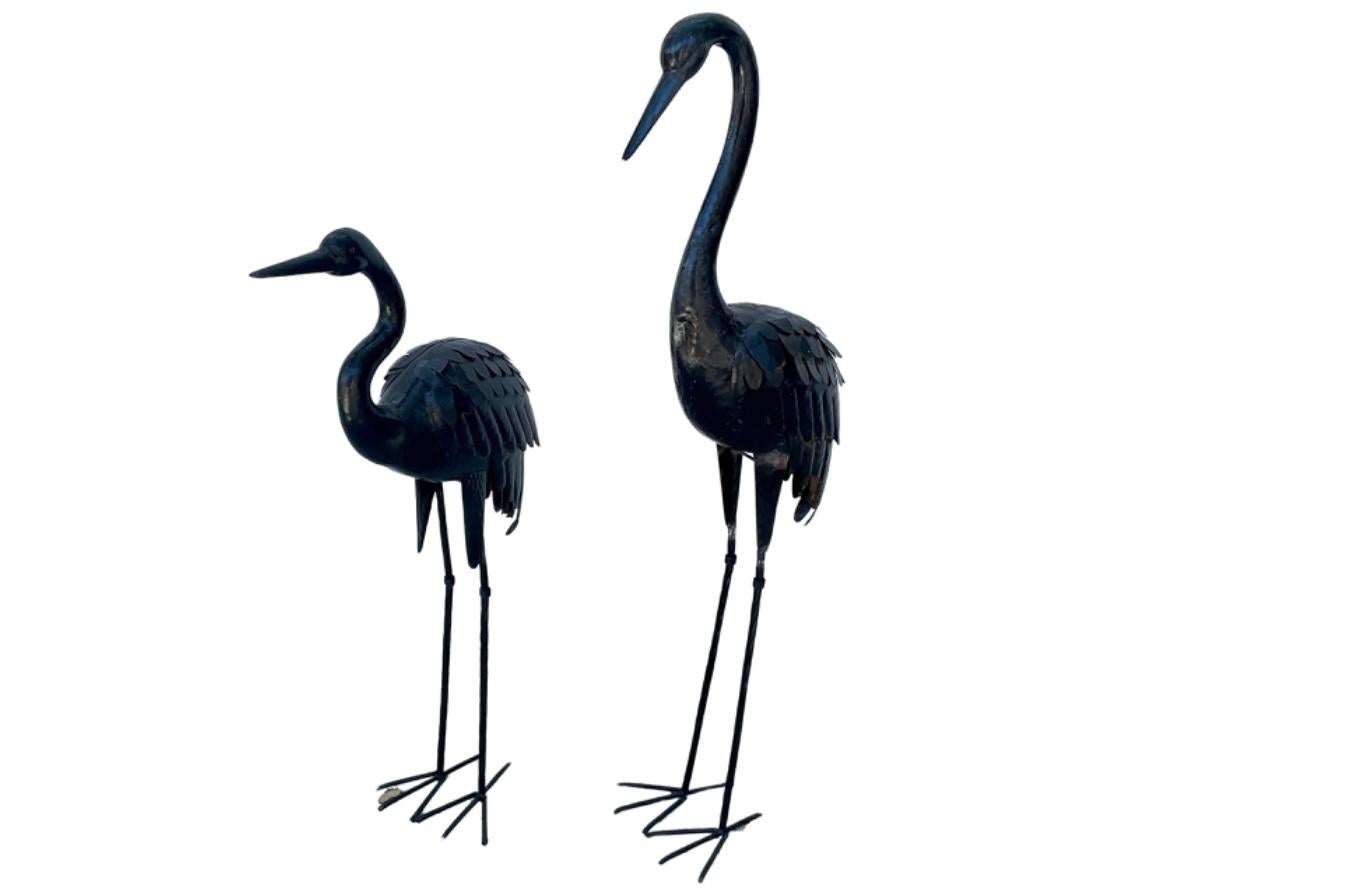Pair of Black Metal Standing Cranes For Sale at 1stDibs