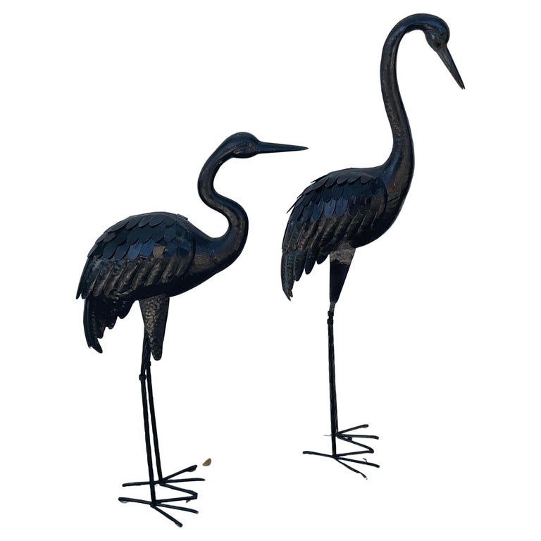 Pair of Black Metal Standing Cranes For Sale at 1stDibs