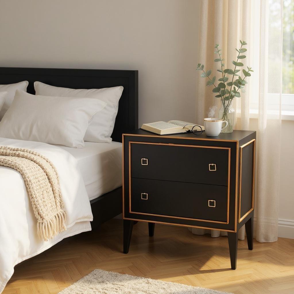 L'elegante finitura nera Batavia è splendidamente completata dalle finiture in Antique French Oak, creando un look sofisticato e senza tempo. Due spaziosi cassetti offrono un ampio spazio di archiviazione, mentre la ferramenta in ottone squadrato