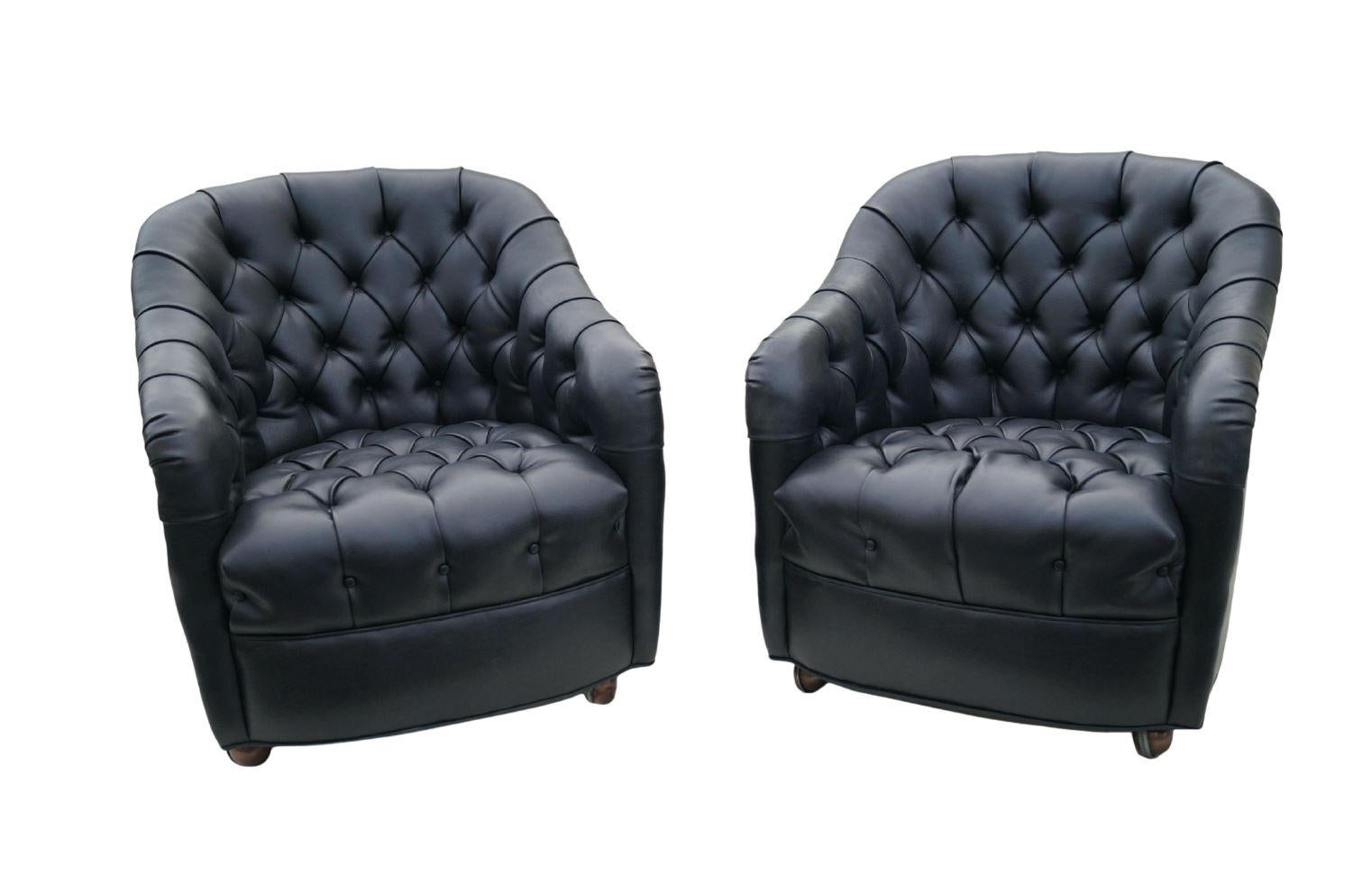 Pair of Black Mid-Century Modern Ward Bennett Style Tufted Lounge Chairs Casters In Good Condition For Sale In Wayne, NJ