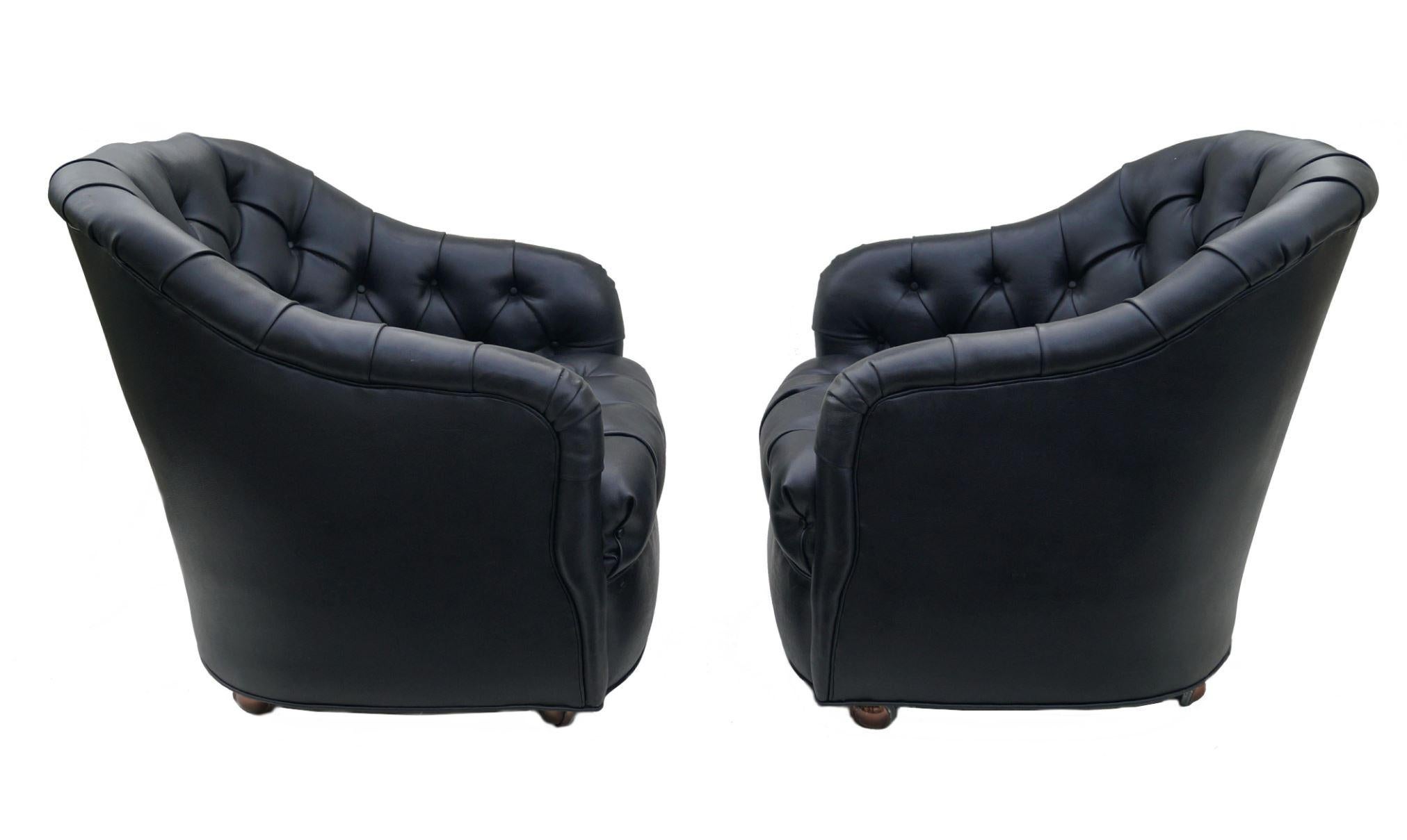 Pair of Black Mid-Century Modern Ward Bennett Style Tufted Lounge Chairs Casters For Sale 1