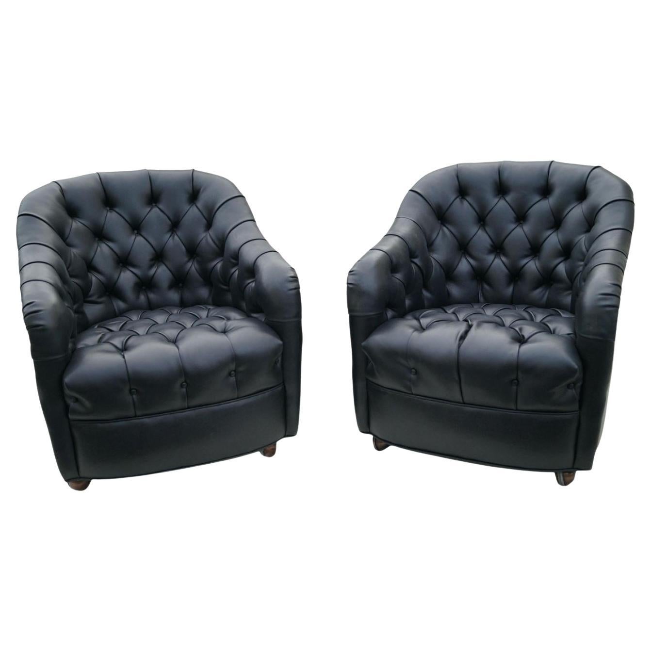 Pair of Black Mid-Century Modern Ward Bennett Style Tufted Lounge Chairs Casters For Sale