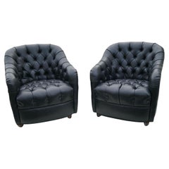 Pair of Black Mid-Century Modern Ward Bennett Style Tufted Lounge Chairs Casters