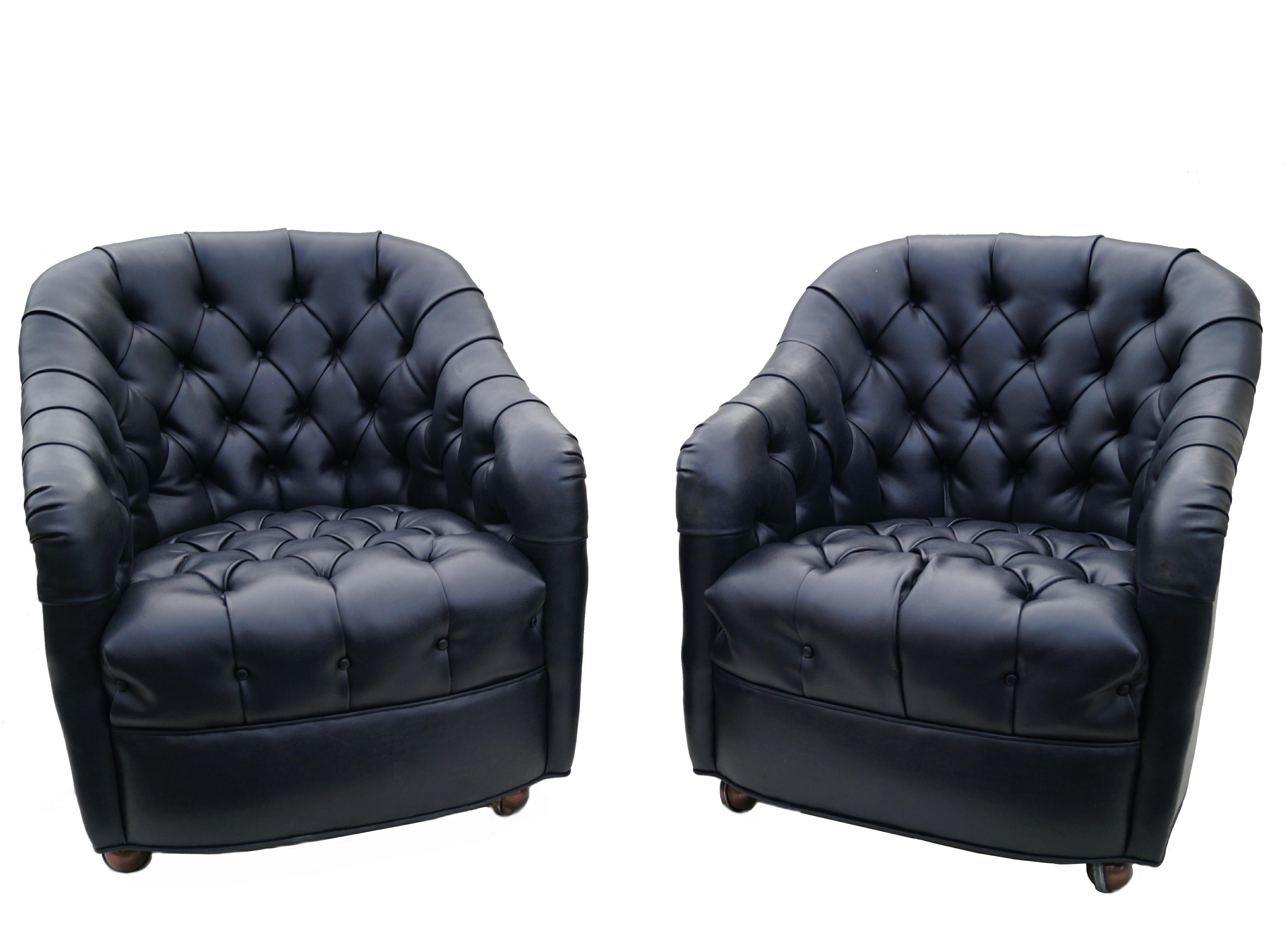 Pair of Black Mid-Century Modern Ward Bennett Style Tufted Lounge Chairs Casters 3