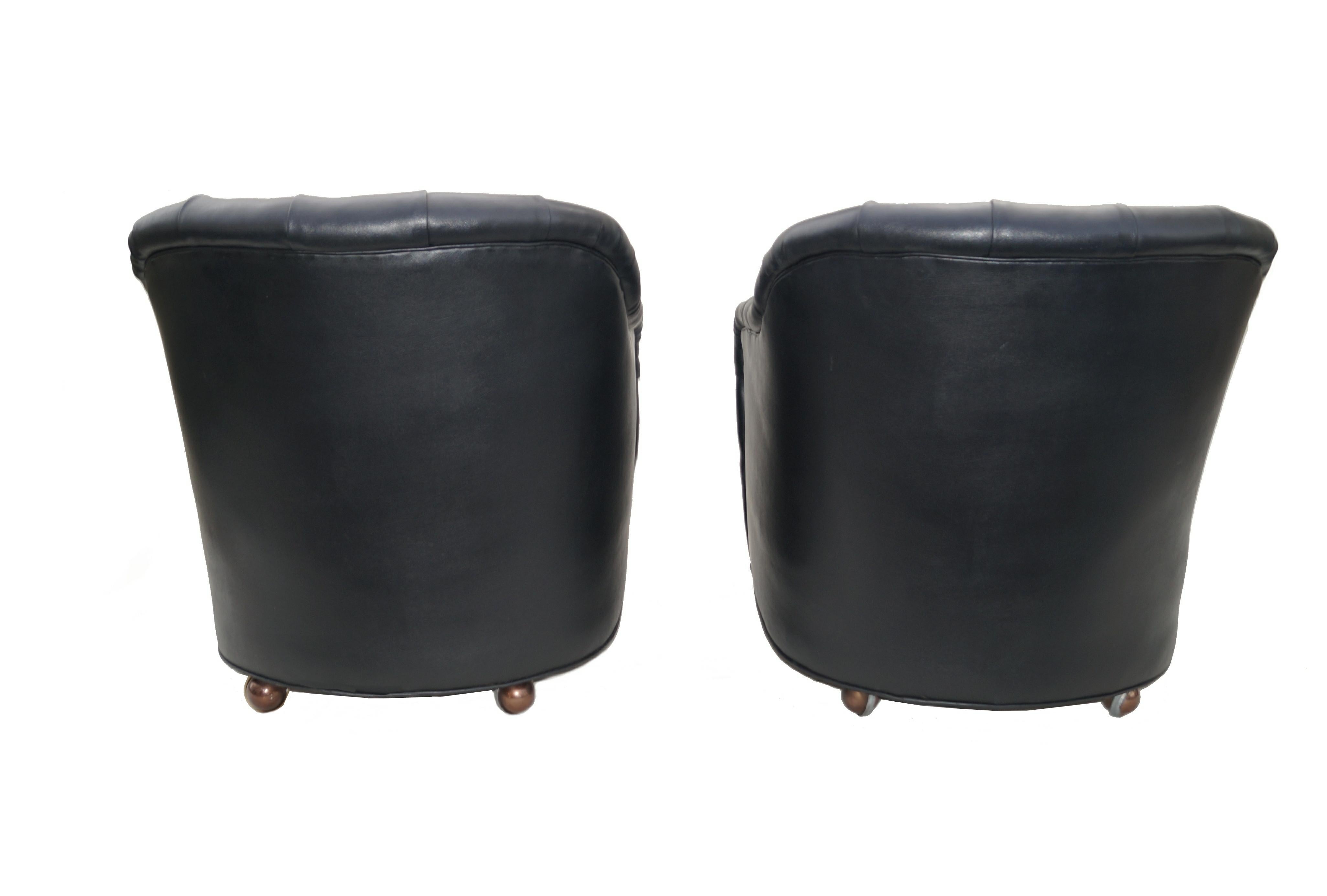 Late 20th Century Pair of Black Mid-Century Modern Ward Bennett Style Tufted Lounge Chairs Casters