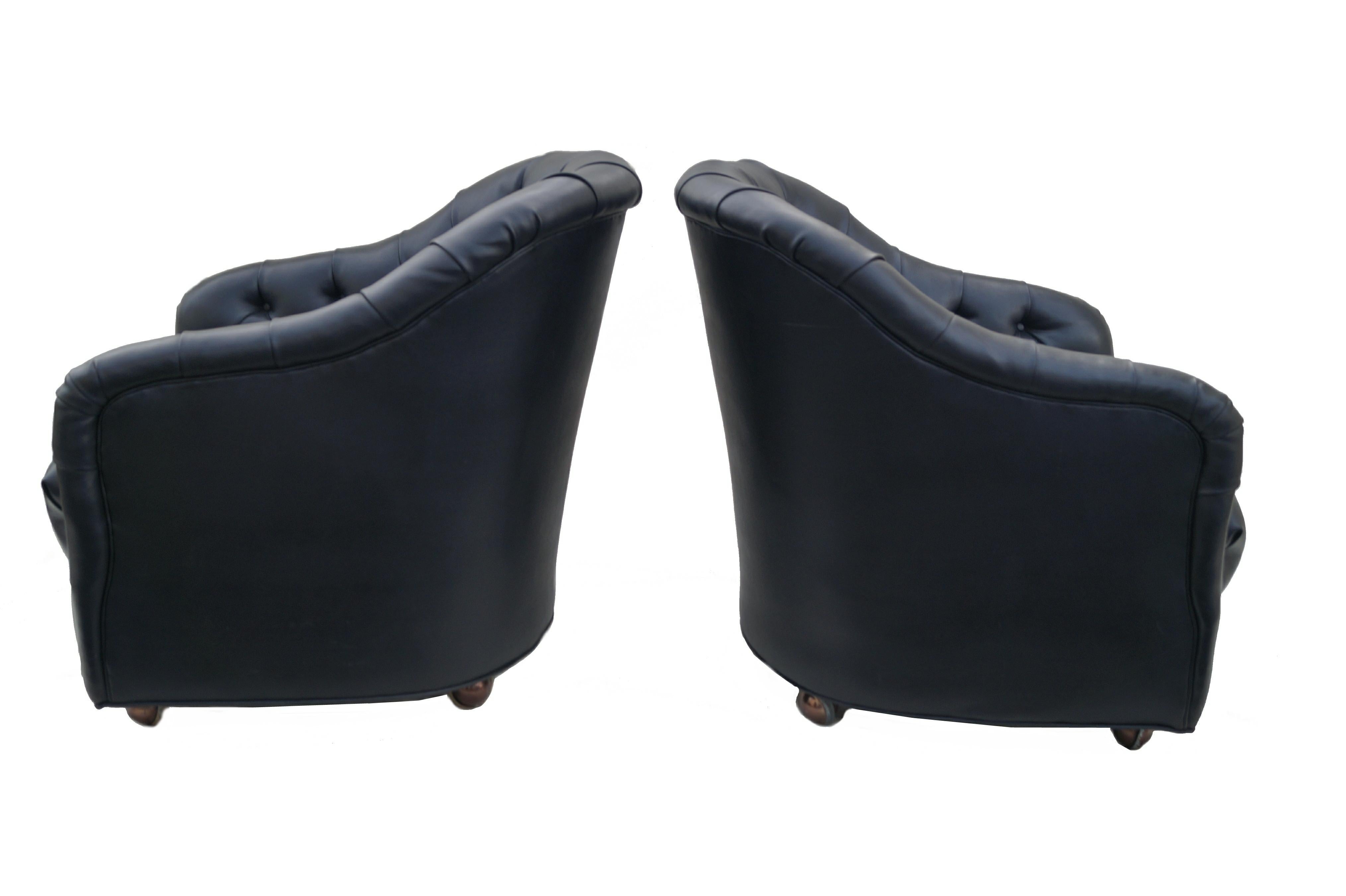 Upholstery Pair of Black Mid-Century Modern Ward Bennett Style Tufted Lounge Chairs Casters