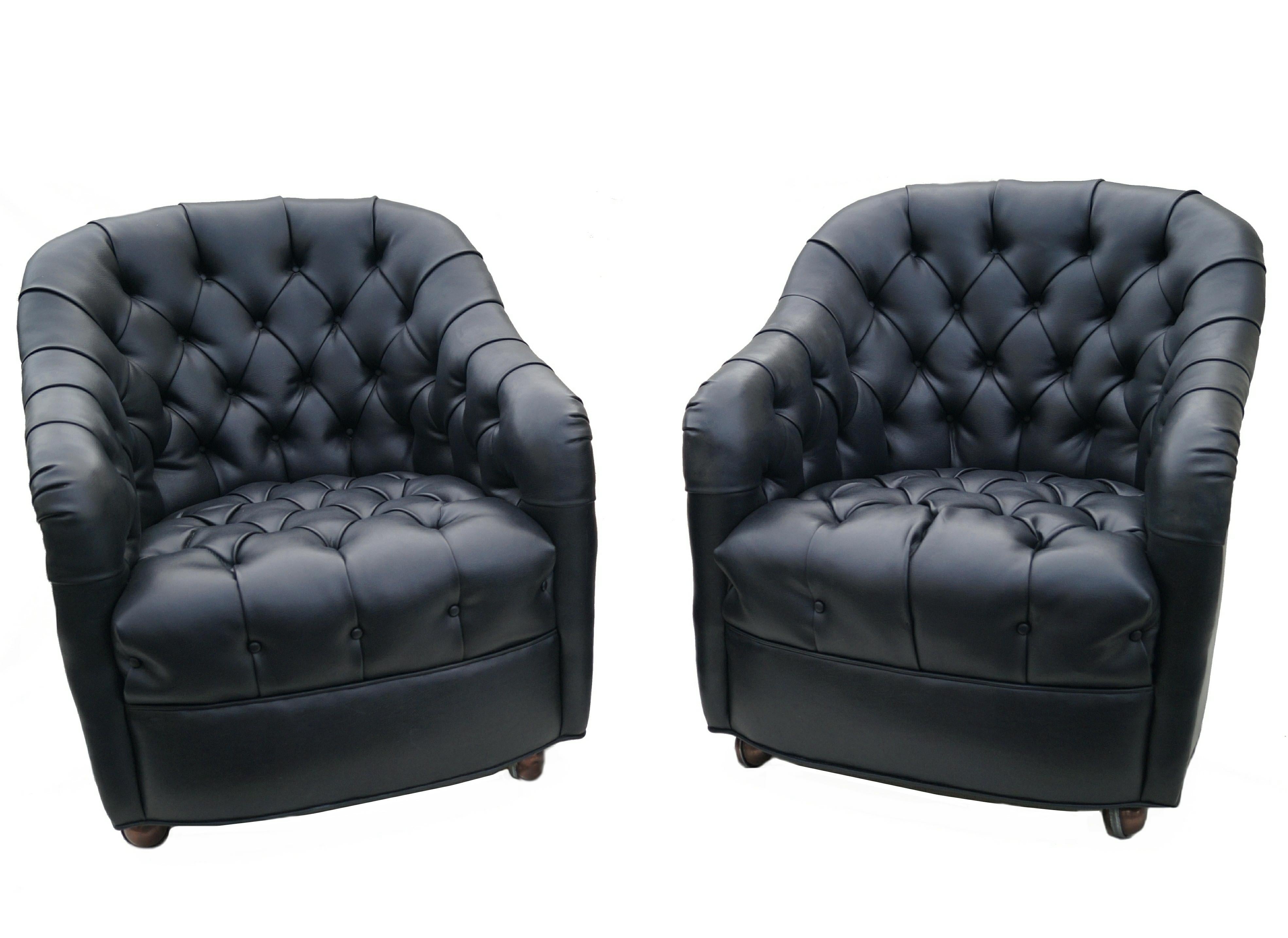 Pair of Black Mid-Century Modern Ward Bennett Style Tufted Lounge Chairs Casters 2