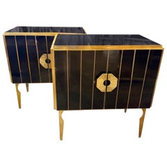 Pair of Black Murano Glass and Brass Cabinets