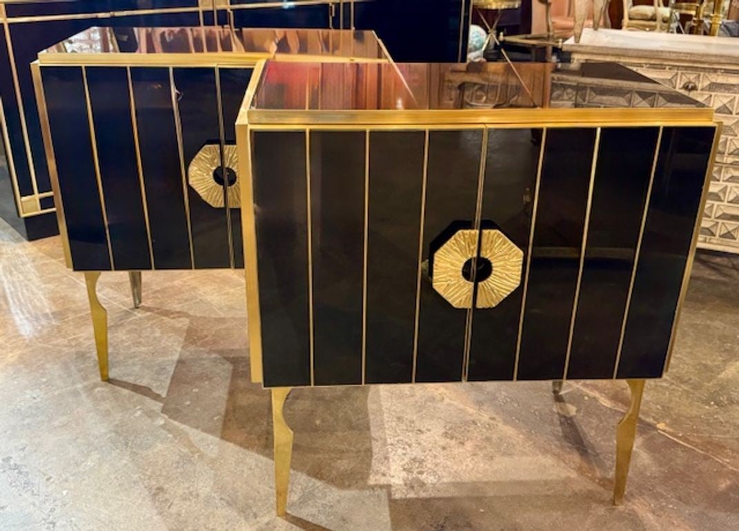 Pair of Black Murano Glass and Brass Cabinets For Sale